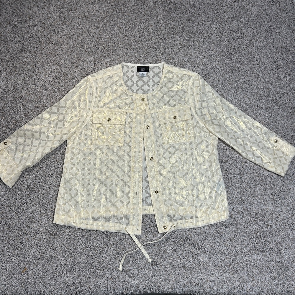 Lark Lane Cream Ivory Metalic Sheer Overlay Jacket Gold Metal Buttons Size 10